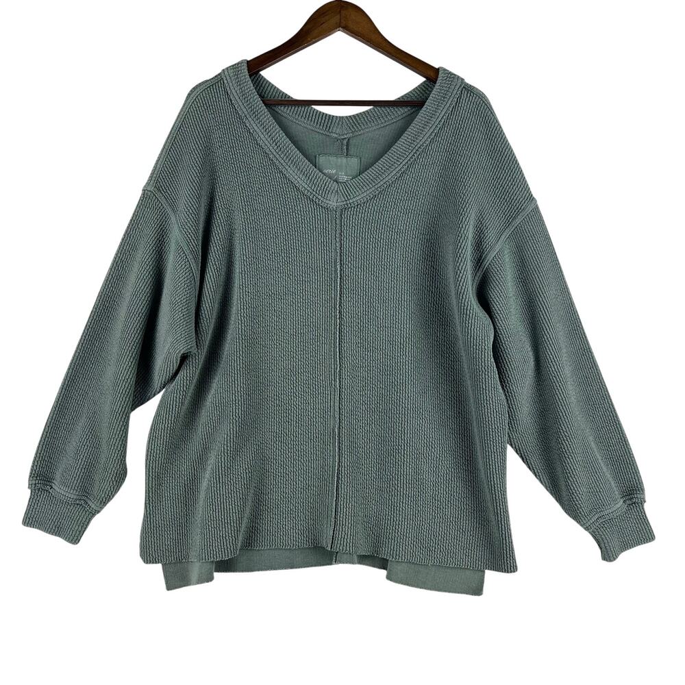aerie Sage Green V-Neck Waffle-Knit Sweatshirt